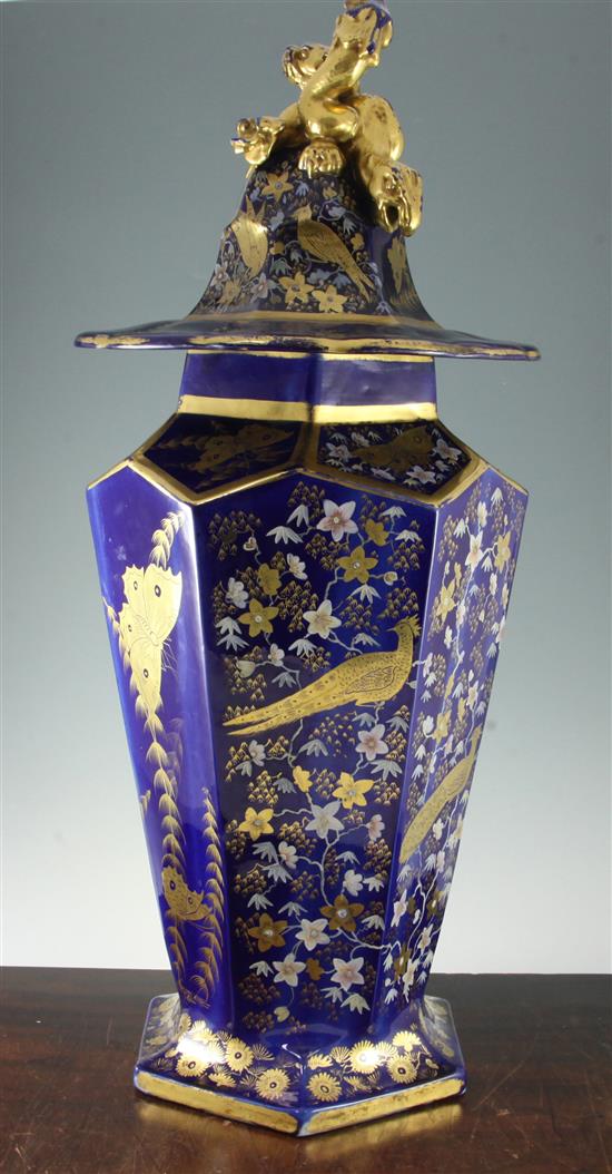 A Masons Ironstone hexagonal floor vase and cover, second quarter 19th century, 82.5cm, some restorations